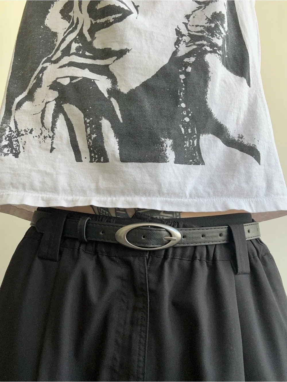 Classic Black Leather Belt with Oval Silver Buckle